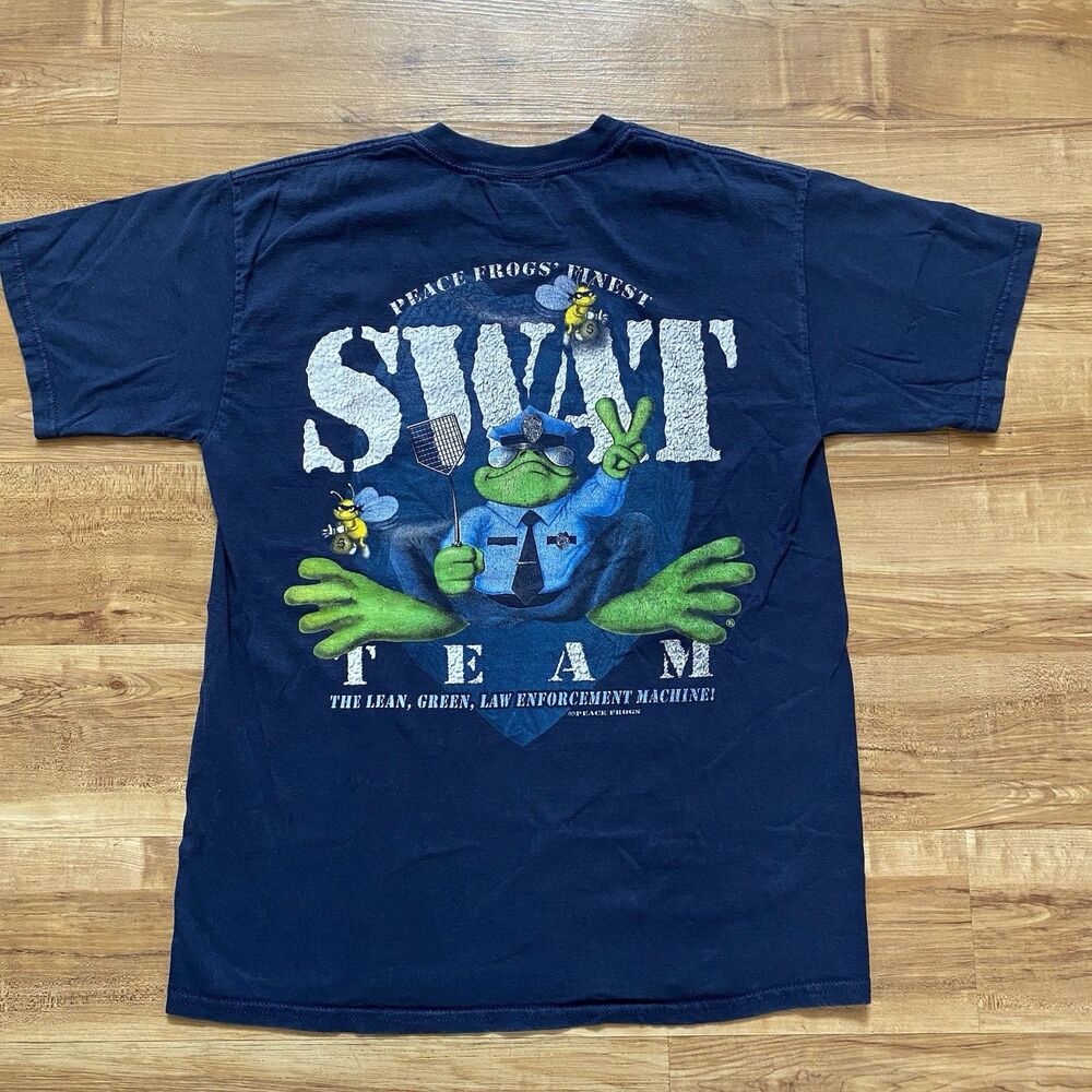 VTG Peace Frogs Men M Navy Blue Police Swat Team Graphic T-Shirt Novelty Y2K 90s